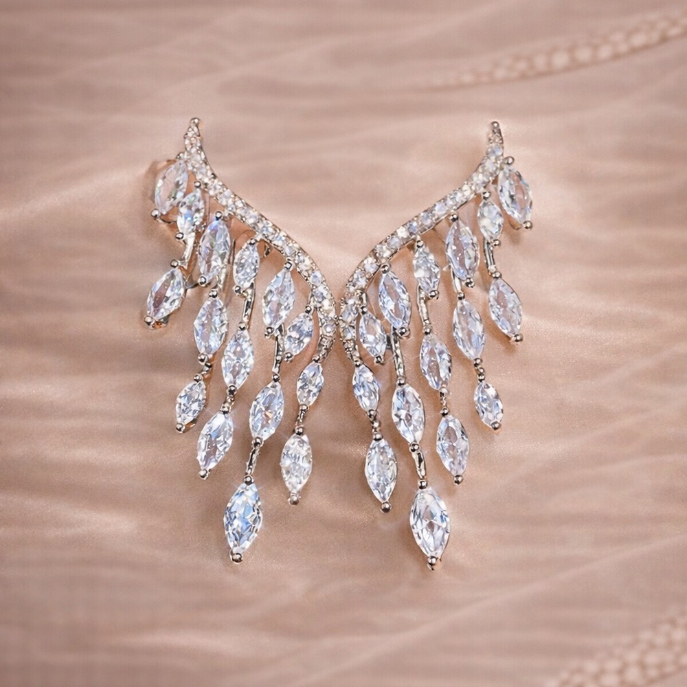 Marquise Cut Crystal Waterfall Silver Earrings - Picture 1 of 8